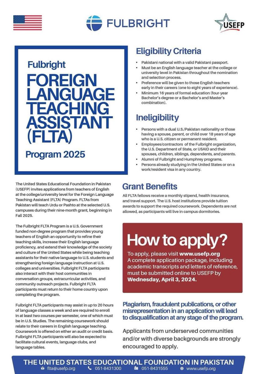 Calling young English Language Teachers at colleges/universities!

Are you an early career English language teacher at a Pakistani college or university? USEFP invites you to apply for the 2025 Fulbright Foreign Language Teaching Assistant (FLTA) Program and take advantage of the
