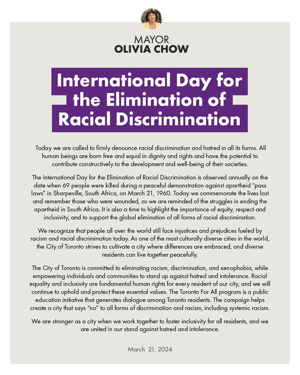 MayorOliviaChow's tweet photo. This day was established to commemorate lives lost in the fight against South African apartheid and to continue to fight against all forms of racism. 

We're stronger when we work together to foster inclusivity for all. We are united in our stand against hatred and intolerance. https://t.co/50OQhky4qC