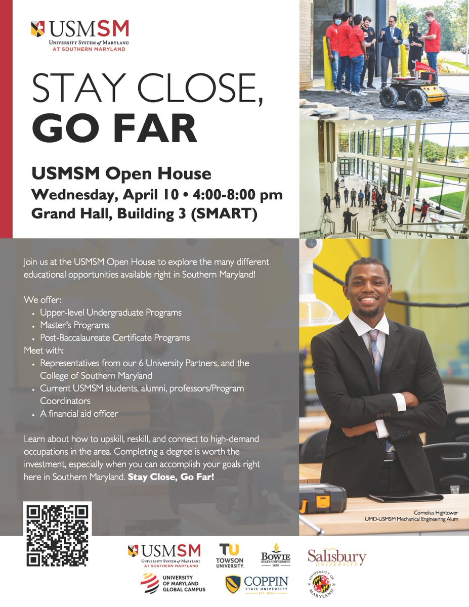 <a href="/USMofSoMD/">USMSM</a> partners with 6 universities to offer 14 undergraduate degrees and 15 graduate degrees! Learn about the programs at their Open House on April 10
<a href="/TowsonU/">Towson University</a> <a href="/BowieState/">Bowie State University</a> <a href="/umdglobalcampus/">University of Maryland Global Campus</a> <a href="/CoppinStateUniv/">Coppin State University</a> <a href="/UofMaryland/">Univ. of Maryland</a> #SalisburyUniversity