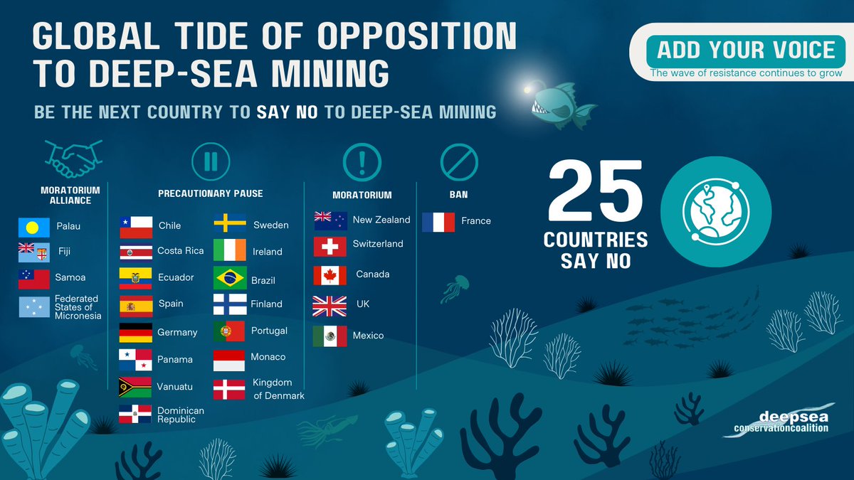 25 countries have announced their support for a moratorium/precautionary pause/ban on #DeepSeaMining, along with parliamentarians, Indigenous & civil society groups, businesses, scientists & more. We need more voices to join the wave of resistance. #ISA29 deep-sea-conservation.org/solutions/no-d…