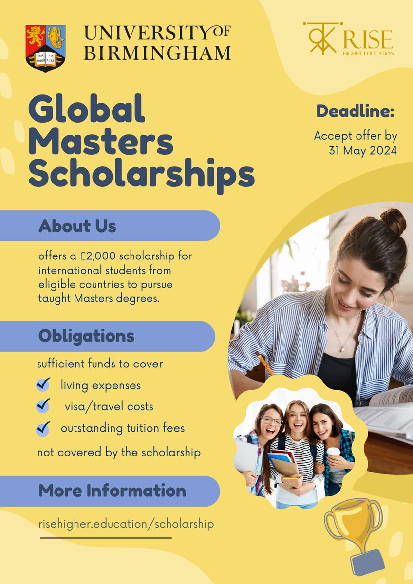 Break barriers to education with the Global Masters Scholarship at the University of Birmingham! 🌍✨ For this scholarship list and more, visit: risehigher.education/scholarship
#BirminghamUni #GlobalScholarship #HigherEducation #FinancialAccessibility #StudyAbroad #InternationalStudents
