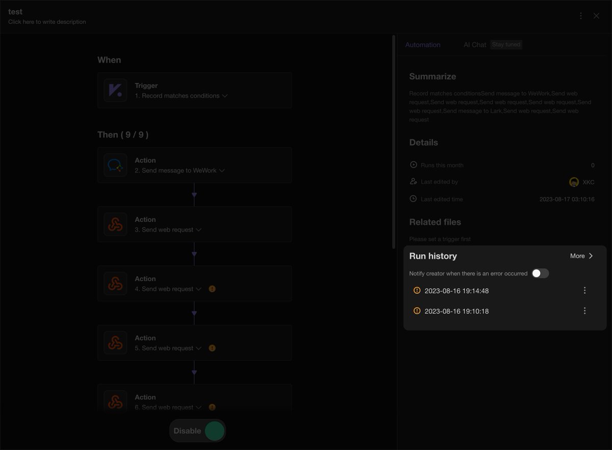 aitable_ai's tweet image. 🔍 Trouble with your tasks? Access the running history panel for insights on successful runs, failures, and ongoing tasks.  Review common errors for troubleshooting tips. help.aitable.ai/docs/guide/man…
#WorkflowTips #Troubleshooting101 🛠️