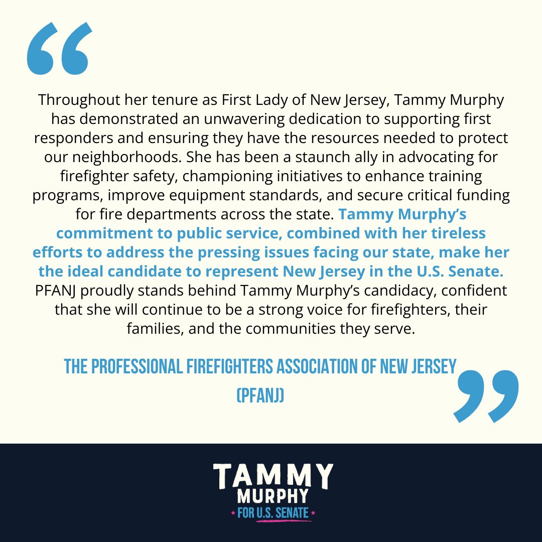 Thrilled to receive the endorsement from @PFANJ_IAFF. Their unwavering commitment to our communities is vital. As your Senator, I'll never stop fighting to ensure our first responders have the support and resources they need to keep us safe.