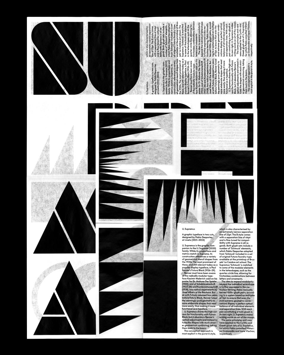 Printed on the occasion of Supremus Textura. Our collaboration with Na Kim, for her installation at LOOM, Berlin. Limited availability at Lineto.com

A2 (420 × 594 mm) folded to A5 (148 × 210 mm)
Double sided silk-screen print in black
Semi-translucent paper 40 g/m2
