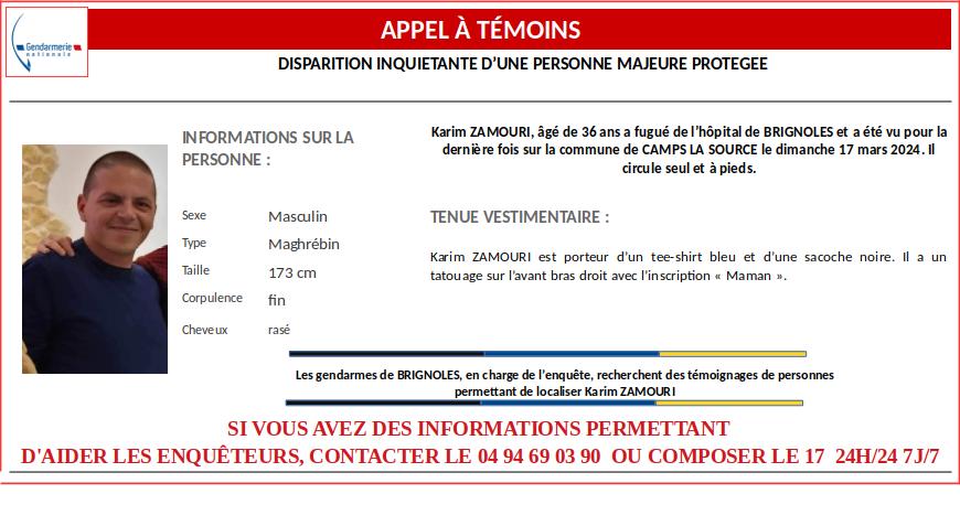 #DisparitionInquiétante d'un majeur protégé, Karim ZAMOURI. Merci de votre aide en retweetant cet #AppelàTémoins