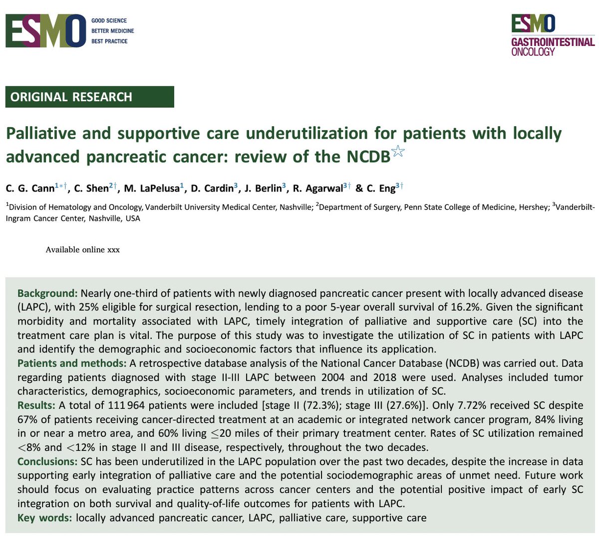 Check out this awesome piece led by @ChrisCannMD @FoxChaseCancer on the under-utilization of supportive care in patients with locally advanced pancreatic cancer! Out now in @myESMO GI! sciencedirect.com/science?_ob=Ga…