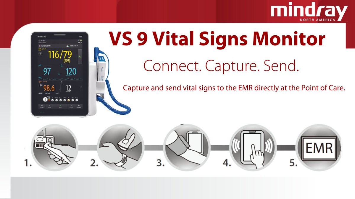 The VS 9 streamlines your workflow by simplifying how you capture and transmit data to the EMR. With the VS 9, you can acquire and assess vital signs at the point of care in less than one minute. ow.ly/2A8s50PBUvw #MindrayPatientMonitoring #VitalSigns #MedSurg