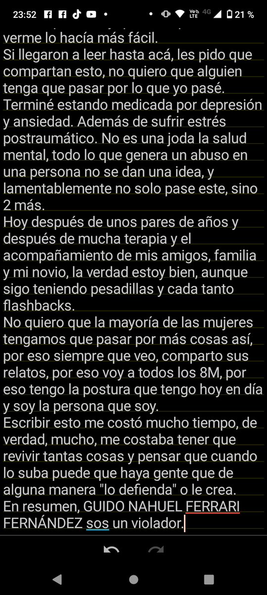GiulyAgus's tweet photo. No quiero que tengamos más que sufrir de estas cosas o similares. Me dio la fuerza que me faltaba saber que de alguna manera lo estaba cubriendo, hoy deje de callarme. Por eso, compartan, y  no le demos la comodidad de nuestro silencio nunca más. https://t.co/lCMeqxA0RU