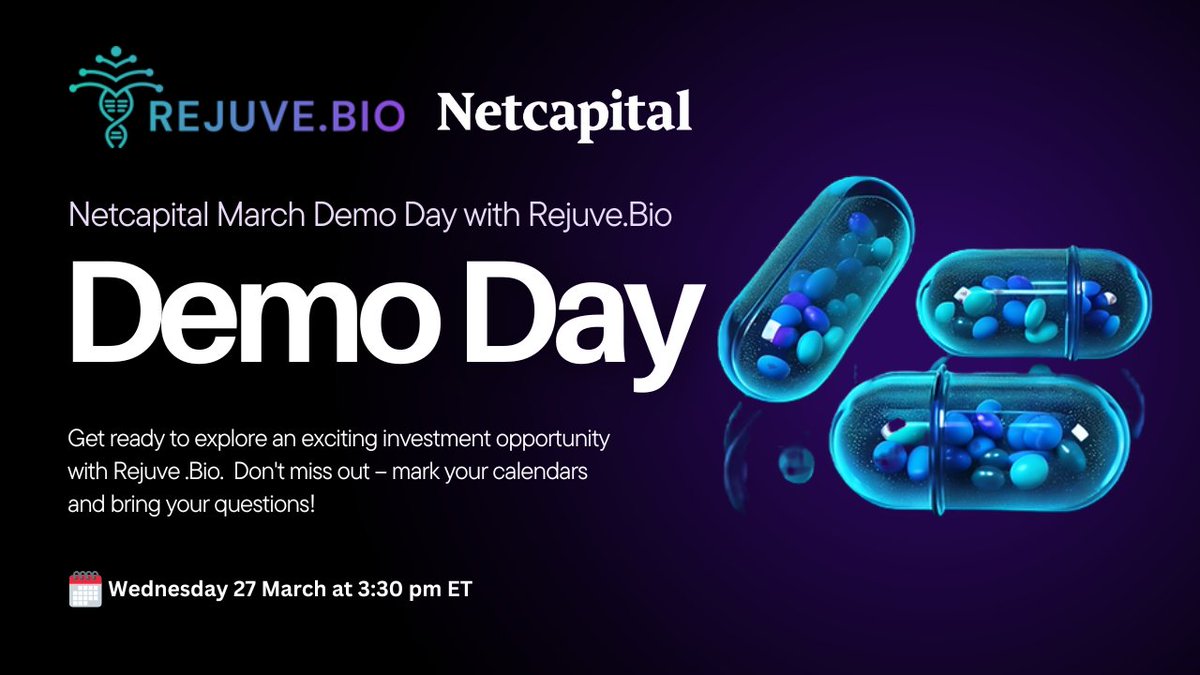 🗓️ Save the Date! Rejuve.Bio @ Netcapital March Demo Day is on 27 March at 3:30 pm ET. Get ready to explore an exciting investment opportunity with Rejuve .Bio. Mark your calendars and bring your questions! Register at: NetCapital Demo Day us06web.zoom.us/webinar/regist…
