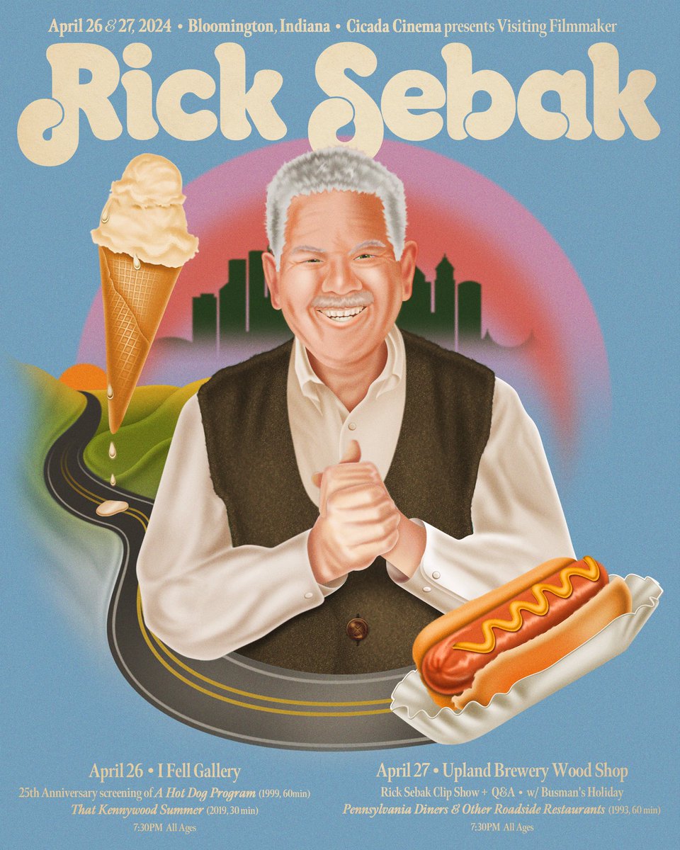 Poster for Rick Sebak’s visit to Bloomington hosted by <a href="/CicadaCinema/">Cicada Cinema</a> 🌭

Concept collaboration with <a href="/REALJaredCheek/">Jared Cheek</a>