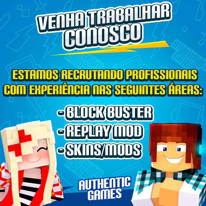 🚀 Abertas Vagas de Recrutamento na AuthenticGames! 🎮  

Olá, pessoal!  

Estamos empolgados em anunciar que estamos expandindo nossa equipe e procuramos por profissionais qualificados para se juntarem a nós em uma jornada emocionante dentro do universo do Minecraft. Se você tem