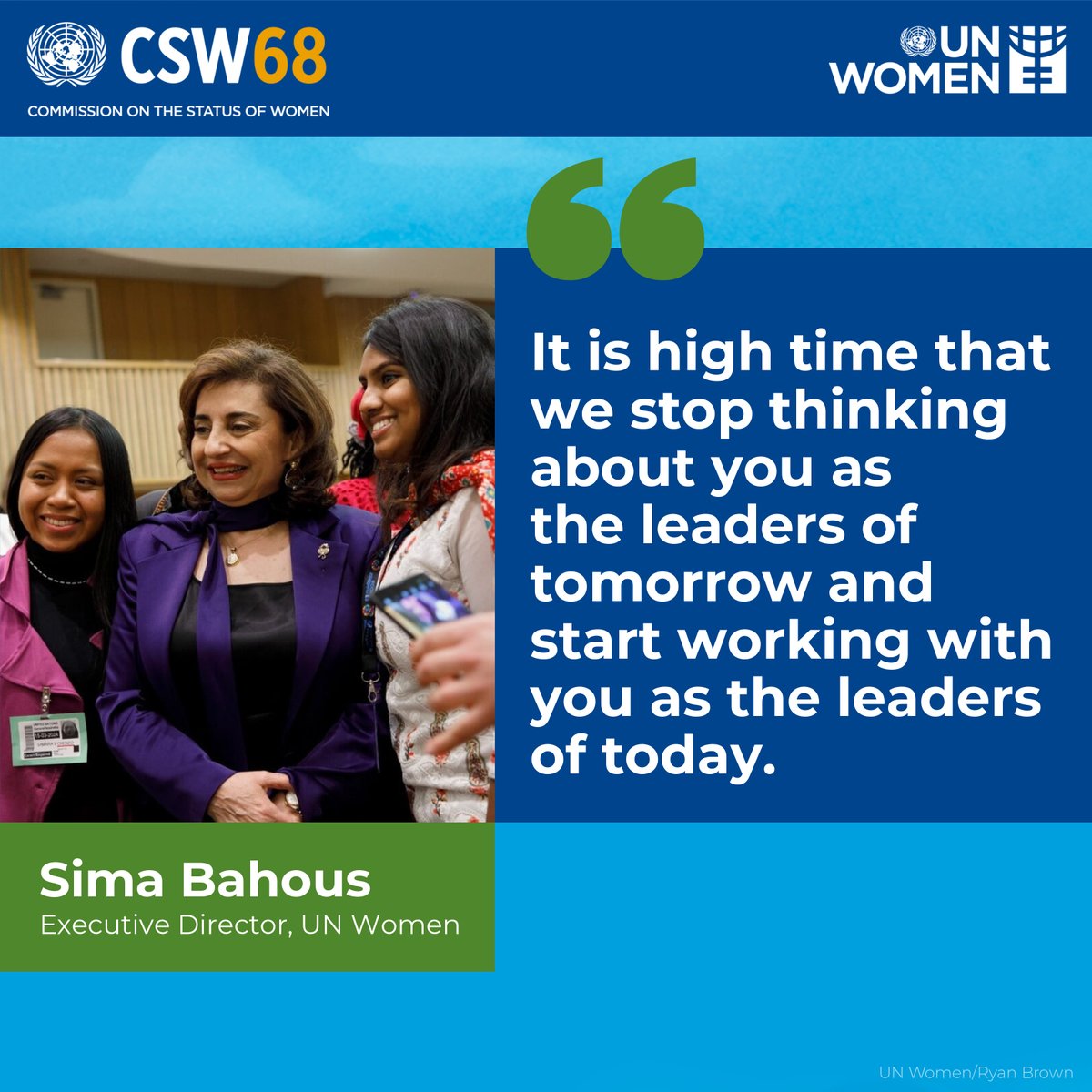 👏We need to👏start working with youth👏as the leaders of TODAY👏 We echo @‌unwomenchief’s call to action and applaud the valuable contributions of youth and adolescents at @‌UN_CSW. Learn how they are shaping the #CSW68 agenda: unwo.men/YAIj50QYSAM #InvestInWomen