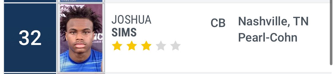 Joshua Sims (@joshsims_23) on Twitter photo Blessed to be a 3 star and the 32nd ranked corner in the 2026 class!! 4 stars soon… @SeanW_Rivals <a href="/shaynep_media/">Shayne Pickering</a> <a href="/BallHawkU/">BallHawkU 🏈🦅</a> <a href="/NatlPlaymkrsAca/">NatlPlaymkersAcademy</a> @CWilson_NPA <a href="/laura_j25/">Laura Sims</a> <a href="/Coach_AD615/">Coach Andre' Davis</a> <a href="/PCHS_Firebirds/">Pearl Cohn Football</a> Blessed to be a 3 star and the 32nd ranked corner in the 2026 class!! 4 stars soon… @SeanW_Rivals <a href="/shaynep_media/">Shayne Pickering</a> <a href="/BallHawkU/">BallHawkU 🏈🦅</a> <a href="/NatlPlaymkrsAca/">NatlPlaymkersAcademy</a> @CWilson_NPA <a href="/laura_j25/">Laura Sims</a> <a href="/Coach_AD615/">Coach Andre' Davis</a> <a href="/PCHS_Firebirds/">Pearl Cohn Football</a>
