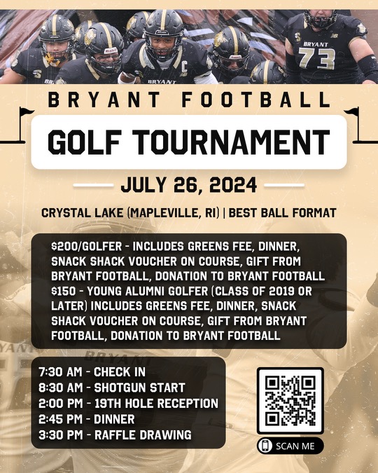 We're excited to announce the Bryant Football Golf Tournament taking place on July 26 at the Crystal Lake Country Club. Register: shorturl.at/ajAFG
