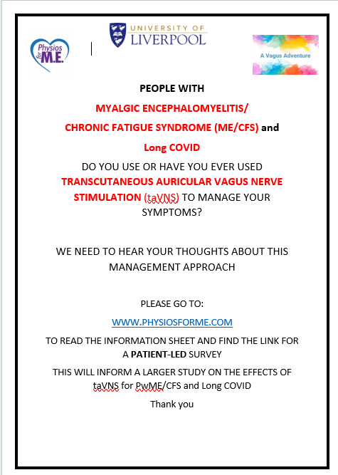 A new survey is now open 🚨 Do you have ME/CFS or Long COVID (with PEM) and are you currently using, or have you ever used, transcutaneous auricular vagus nerve stimulation (taVNS)? More details here physiosforme.com/tvnssurvey2 #pwme #MyalgicEncephalomyelitis #LongCovid