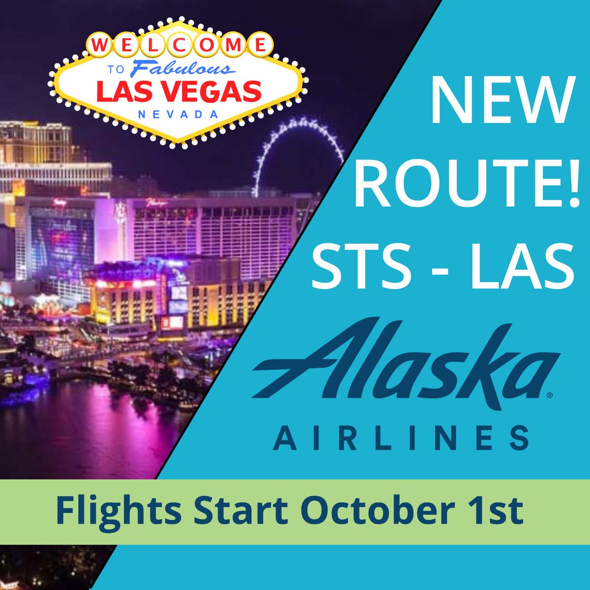 It's True! Starting October 1st, Alaska Airlines will begin direct flights from our wonderful Sonoma County Airport to Las Vegas! Head to alaskaair.com for more info!