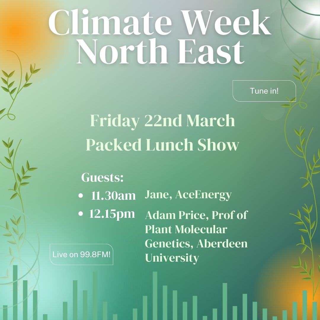 Tomorrow on the packed lunch show we will have two special guests, Jane and Adam! Tune in at 11.30am on 99.8FM or listen online through the link in our bio! In support of Climate Week North East @NESCANhub #CWNE24