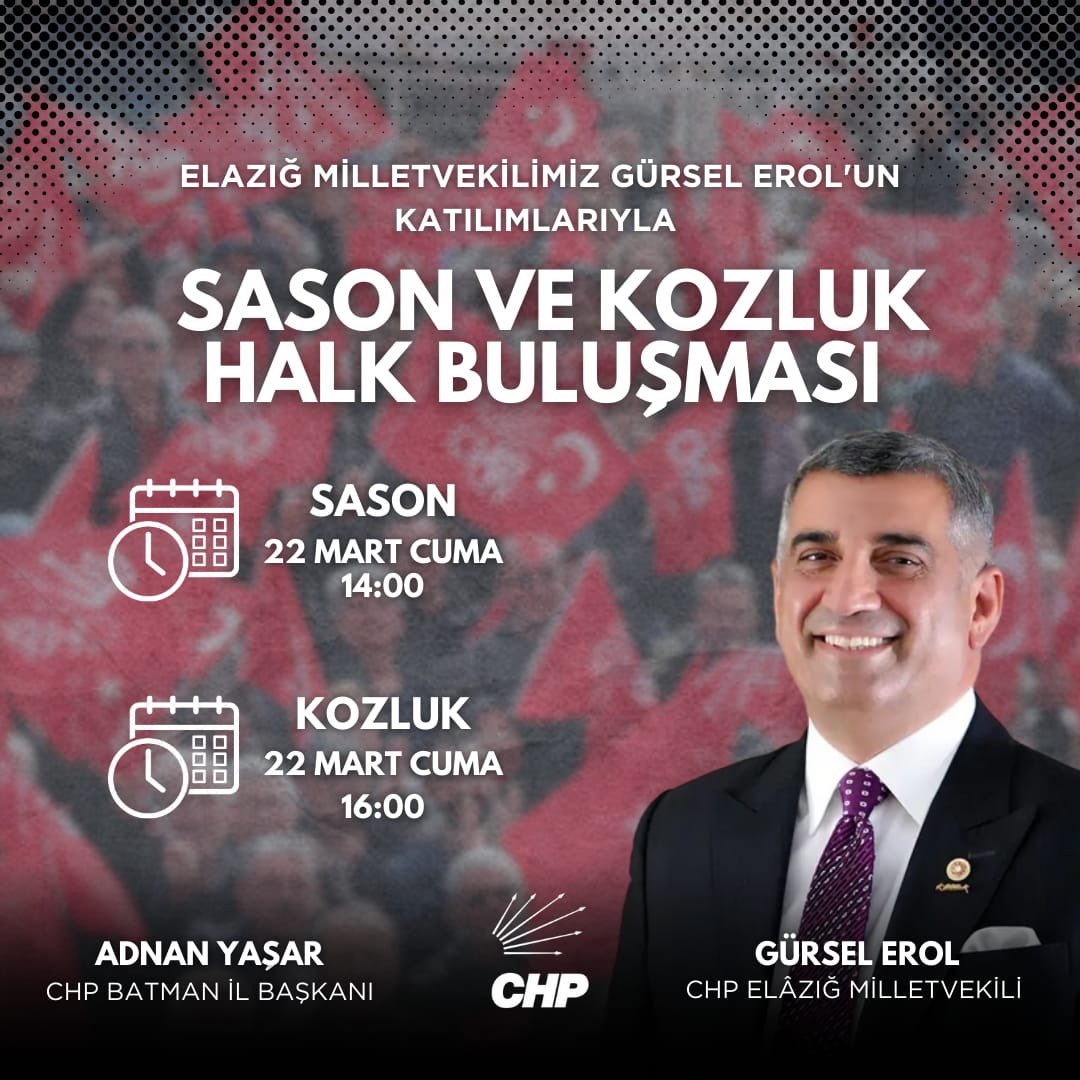 Elazığ milletvekilimiz Sn. @gurseleroll ve parti Meclis üyemiz Sn. @huseyinyasarchp ‘nin katılımı ile gerçekleşecek olan halk buluşmasına tüm hemşehrilerimiz davetlidir.
@herkesicinCHP @eczozgurozel @batman_chp 
#chp #işimizgücümüztürkiye