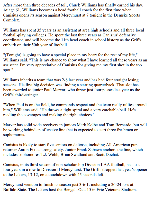 Williams to Debut as Coach - Buffalo News - 9/7/1995