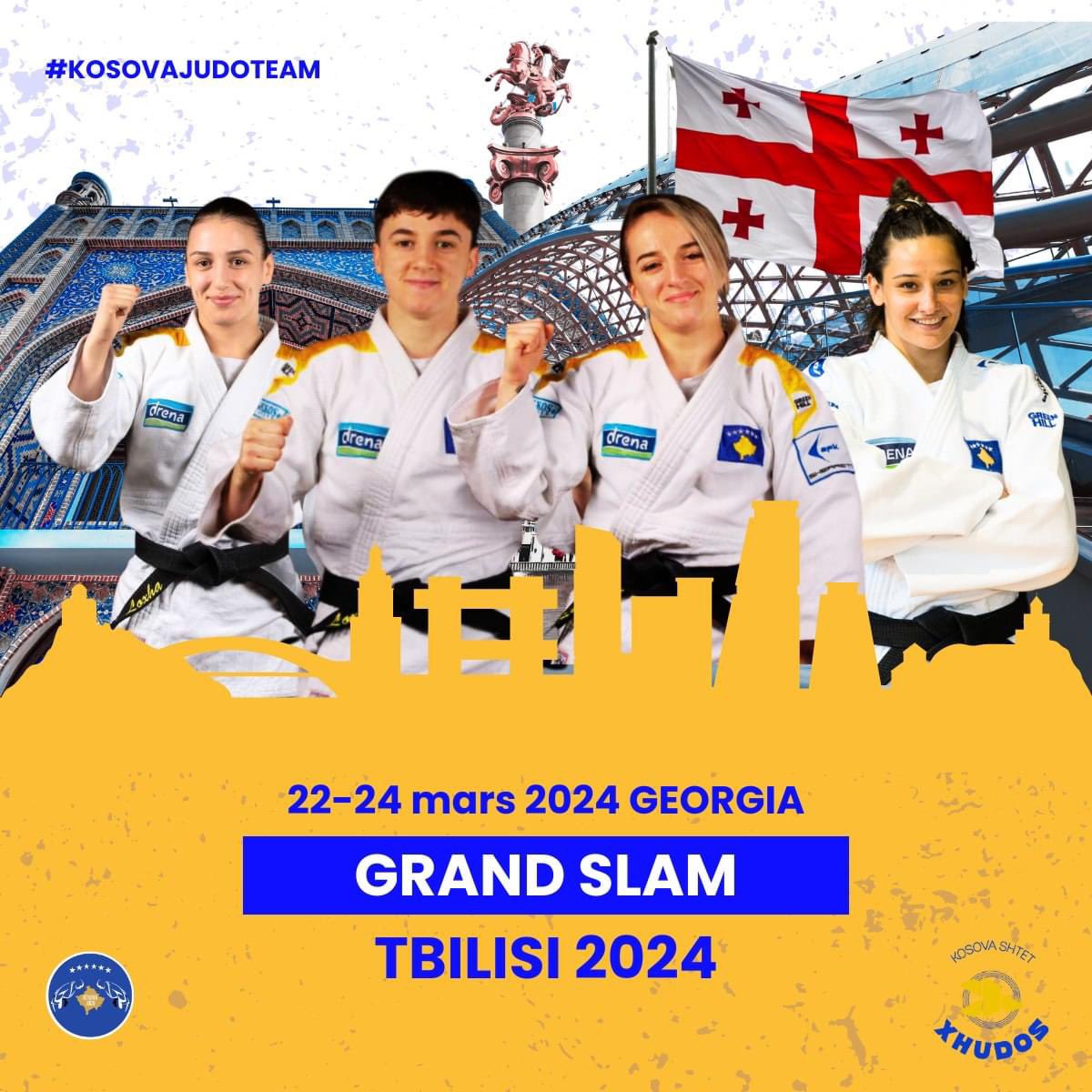 Grand Slam Tbilisi 2024 📣 Our team will compete with Distria, Laura, Flaka and Loriana! 💪🏻 Watch it live: judotv.com 🔴 #KosovaJudoTeam🇽🇰🥋