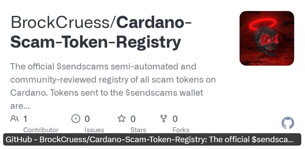 BrockCardano's tweet image. introducing the next evolution of $sendscams:
the Cardano Scam Token Registry
submit tokens to the registry simply by sending them to $sendscams β
πͺ COMMUNITY EFFORTS PREVAIL πͺ
some closed-source wallets are building their own privately-managed and incomplete scam tokenβ¦