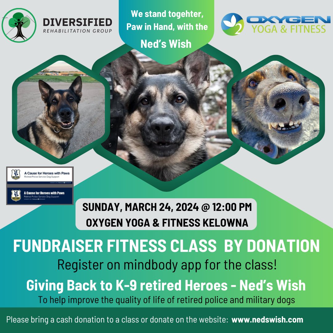 ProgramPtsd's tweet image. Giving back to Retired Police &amp;amp; Military K-9 Heroes! Get ready to soul-soaring fitness experience! @nedswish
Join us at Oxygen Yoga &amp;amp; Fitness Kelowna studio for a fundraiser fitness extravaganza like no other!
Mark your calendars for Sunday, March 24th, at 12:00 pm - Kelowna, BC