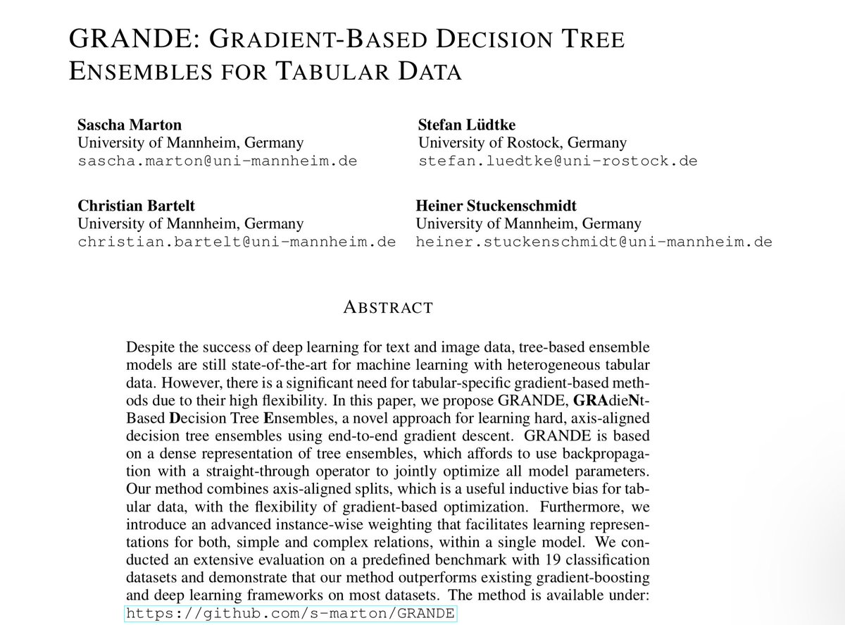 predict_addict's tweet photo. When it comes to tabular data, boosted trees 🌲 rule supreme. What’s better than boosted trees - the whole forest of them aka ensembles of boosted trees. 

Imagine having a whole forest 🌳 of well CatBoosts trained end to end. It doesn’t get better than this.

An interesting #ICLR2024 paper by Sascha Marton and co-authors.

GRANDE: GRADIENT-BASED DECISION TREE ENSEMBLES FOR TABULAR DATA” complete with freshly baked GitHub repo.

#tabulardata #catboost #ensembles