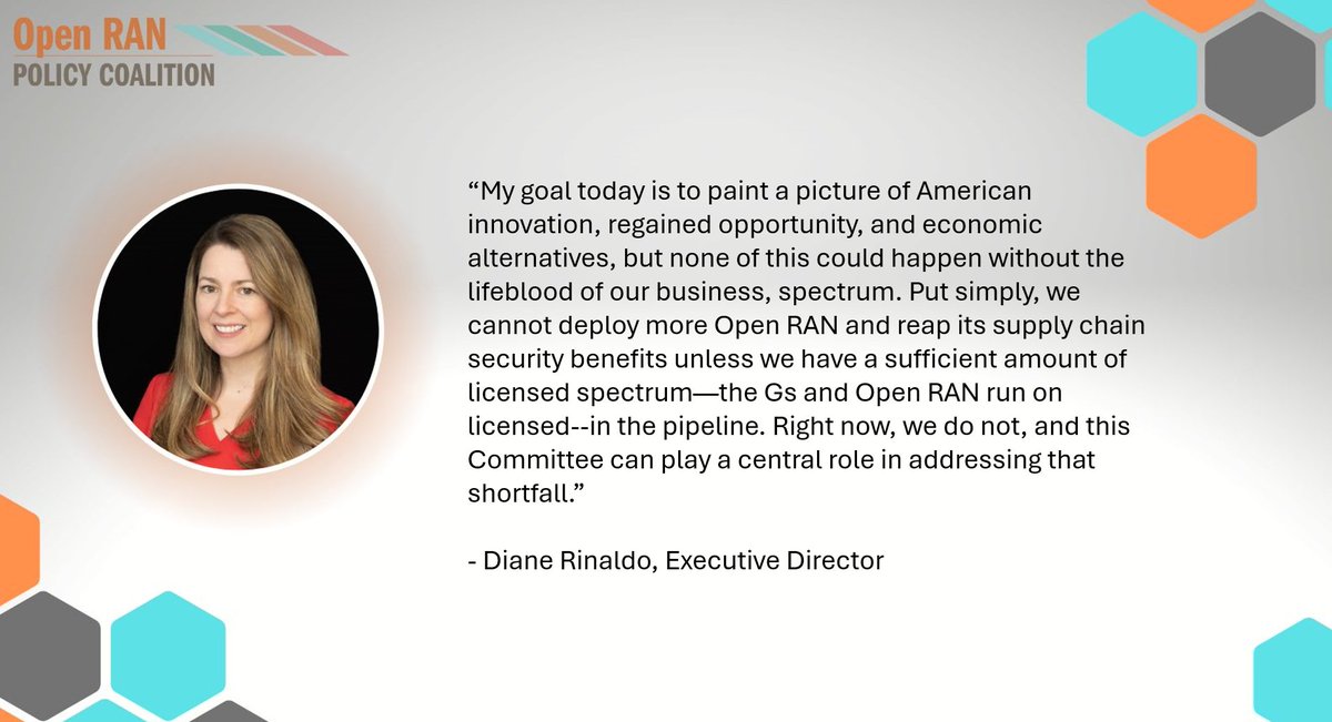 At today's Senate Commerce hearing on Spectrum and National Security, @dianerinaldo testifies on the transformational role of #OpenRAN and the need for sufficient licensed spectrum to maintain momentum in the adoption of open and interoperable solutions.