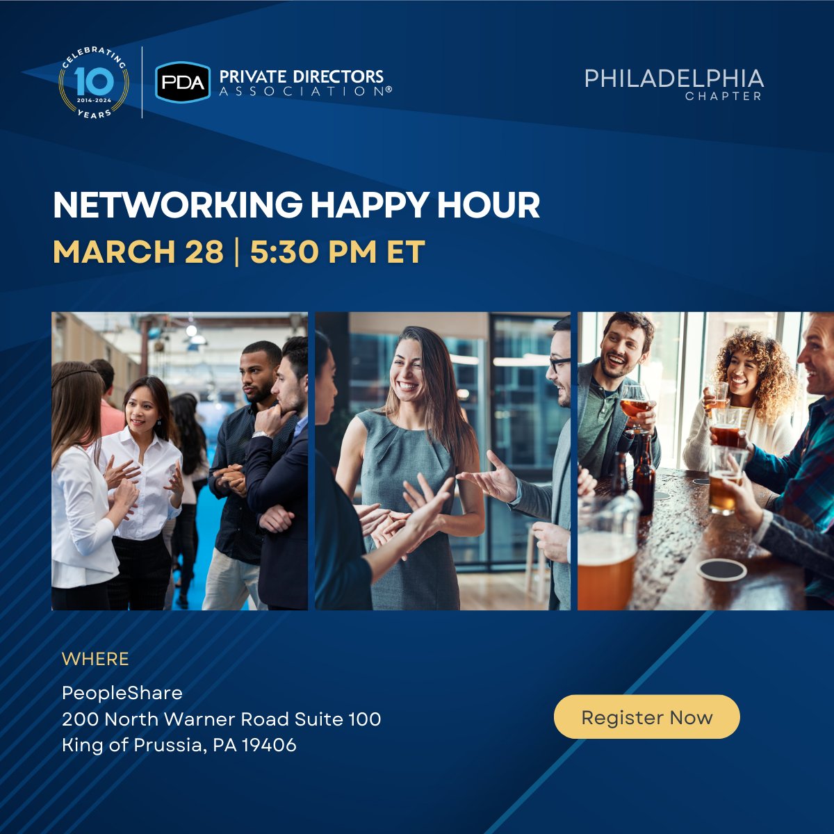 PrivDirAssoc's tweet image. Greater Philadelphia PDA members! Join us for a Networking Happy Hour hosted at PeopleShare. Meet new and existing members and enjoy an evening of drinks and conversation. bit.ly/49RXqmT

#PDA #PhiladelphiaChapter