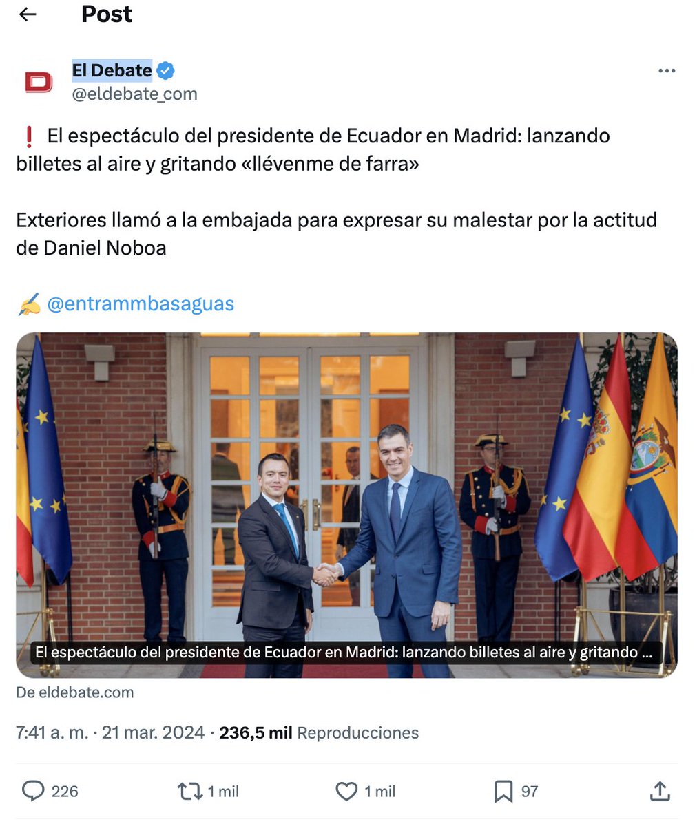 El curuchupismo del periodismo ecuatoriano ('Farra de @DanielNoboaOk )
#SocialAlert

Eran las 9:15 de la mañana de hoy jueves 21 de marzo y varias cuentas de medios digitales posicionaban el titular: 'El espectáculo del presidente de Ecuador en Madrid: lanzando billetes al aire y