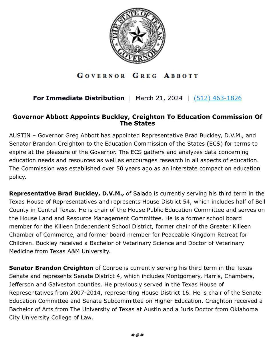 Thank you @GovAbbott for appointing me and @BradBuckleyDVM to the Education Commission of the States — we look forward to working with other states to craft education policies for the 6 million students in Texas schools. #txlege #txed