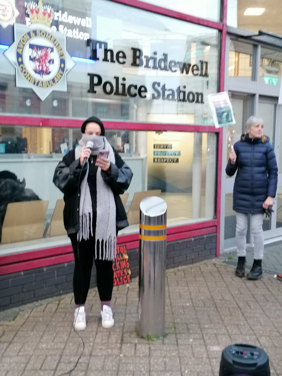 KTB defendant Carmen talking outside Bridewell police station on the 3rd anniversary of the KTB protest. Three years on and no justice!