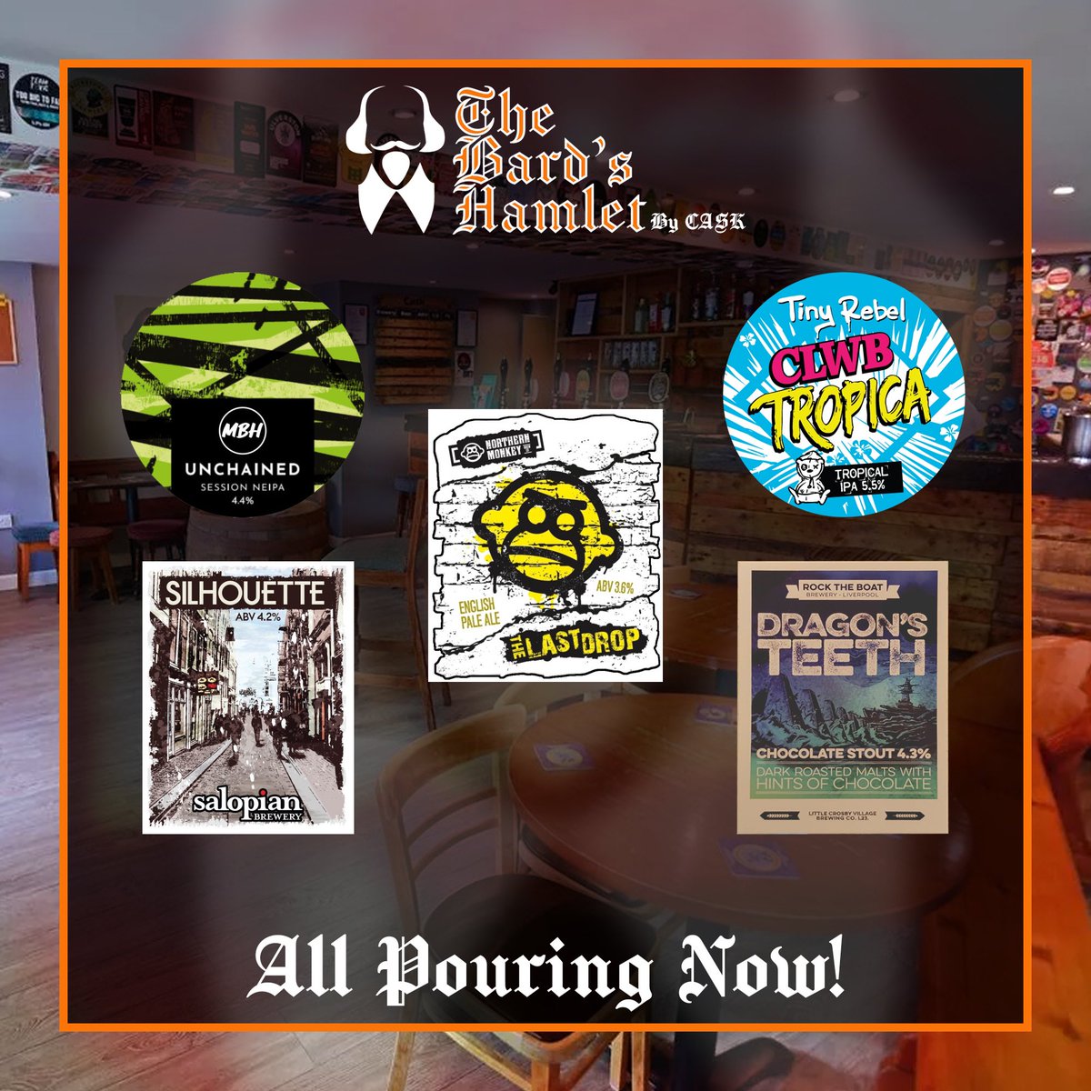 #PUMPDATE! Here’s our lineup for this evening going into the weekend!🤩 We’ve got Unchained from @MBHbeer, Silhouette from @SalopianBrewery, The Last Drop from @NMonkeyBrewCo, Clwb Tropica from @tinyrebelbrewco & Dragon’s Teeth from @RockTheBoatAle!🍻