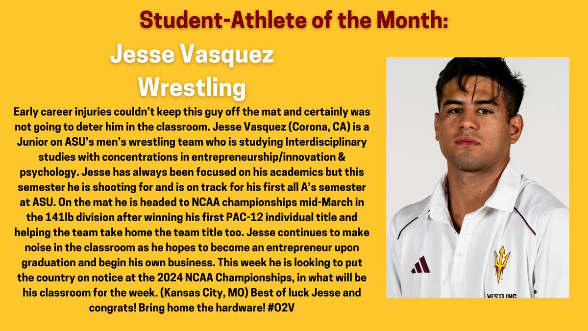 Congratulations to Jesse Vasquez from @ASUWrestling for being named our Most Improved Male Student-Athlete of the Month! Your commitment and advancement are inspiring. Keep excelling! @TheSunDevils #O2V