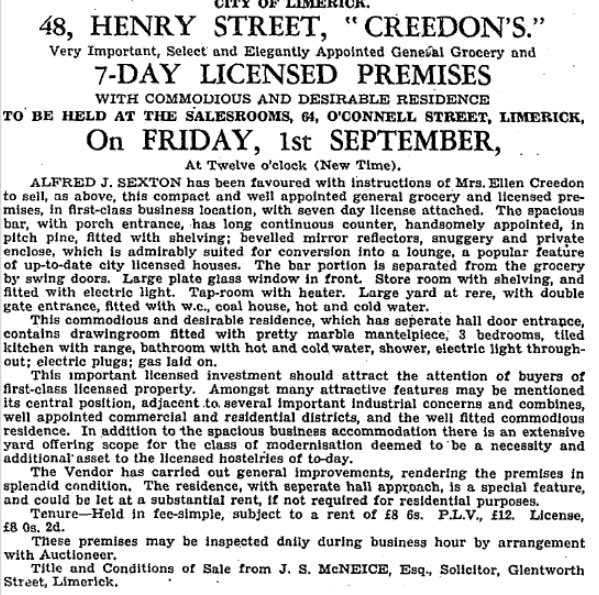 @johncreedon in the middle of researching a book on the history of #Limerick pubs, I came across this sale notice from 1939 and wondered if a branch of your family ever had a hostelry in the Treaty City? All proceeds from sale of book to @DSLimerick