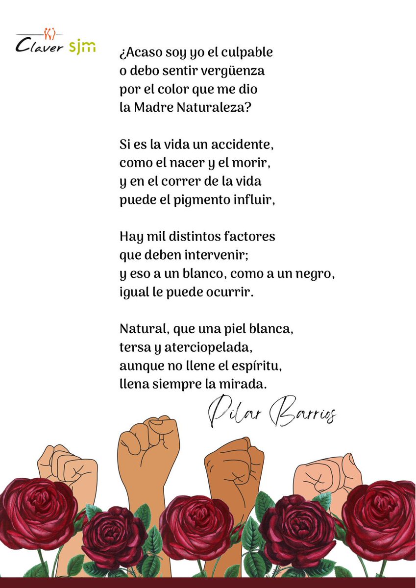 Con motivo del Día Internacional de la Eliminación de la Discriminación Racial y el Día Mundial de la Poesía, les queremos compartir este maravilloso poema de la poeta uruguaya Pilar Barrios. Luchamos contra el odio a través de la poesía, ya que ésta, también mueve el mundo❤️🌹✊🏽