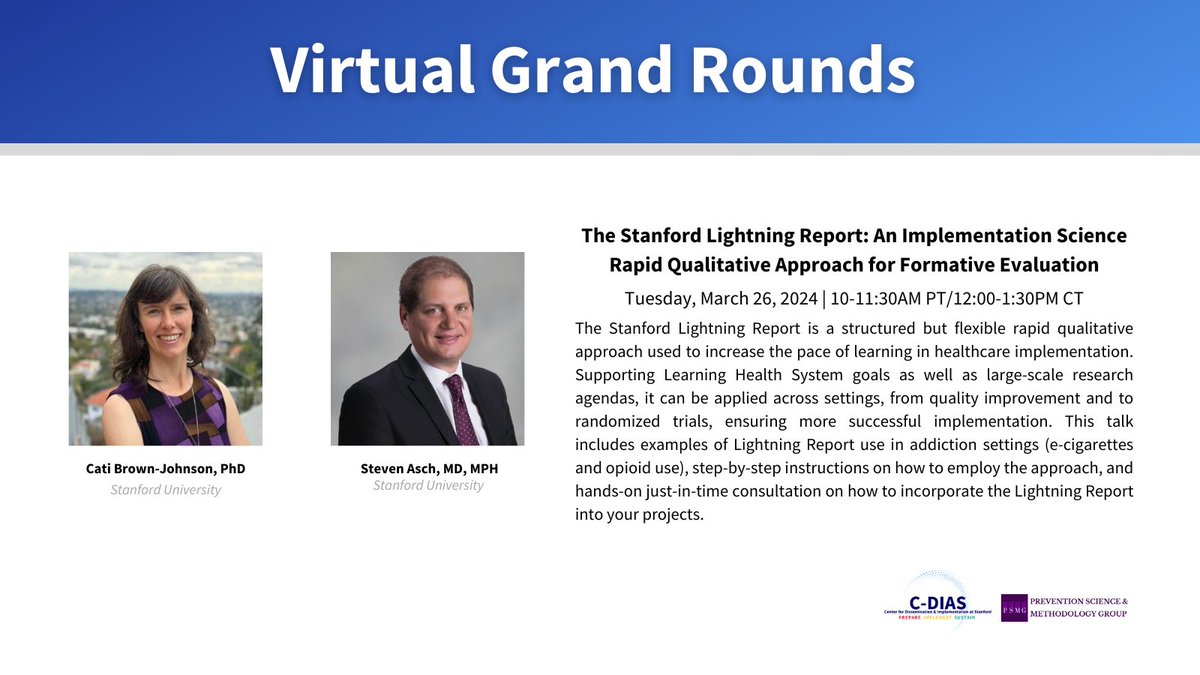 Join us! Next Tuesday, March 26 @Stanford's @catibrownjohns and Steven Asch will discuss increasing the pace of learning in healthcare implementation. Register for the call today: ow.ly/MQUf50QZ1p9 @CDIAS_Stanford.