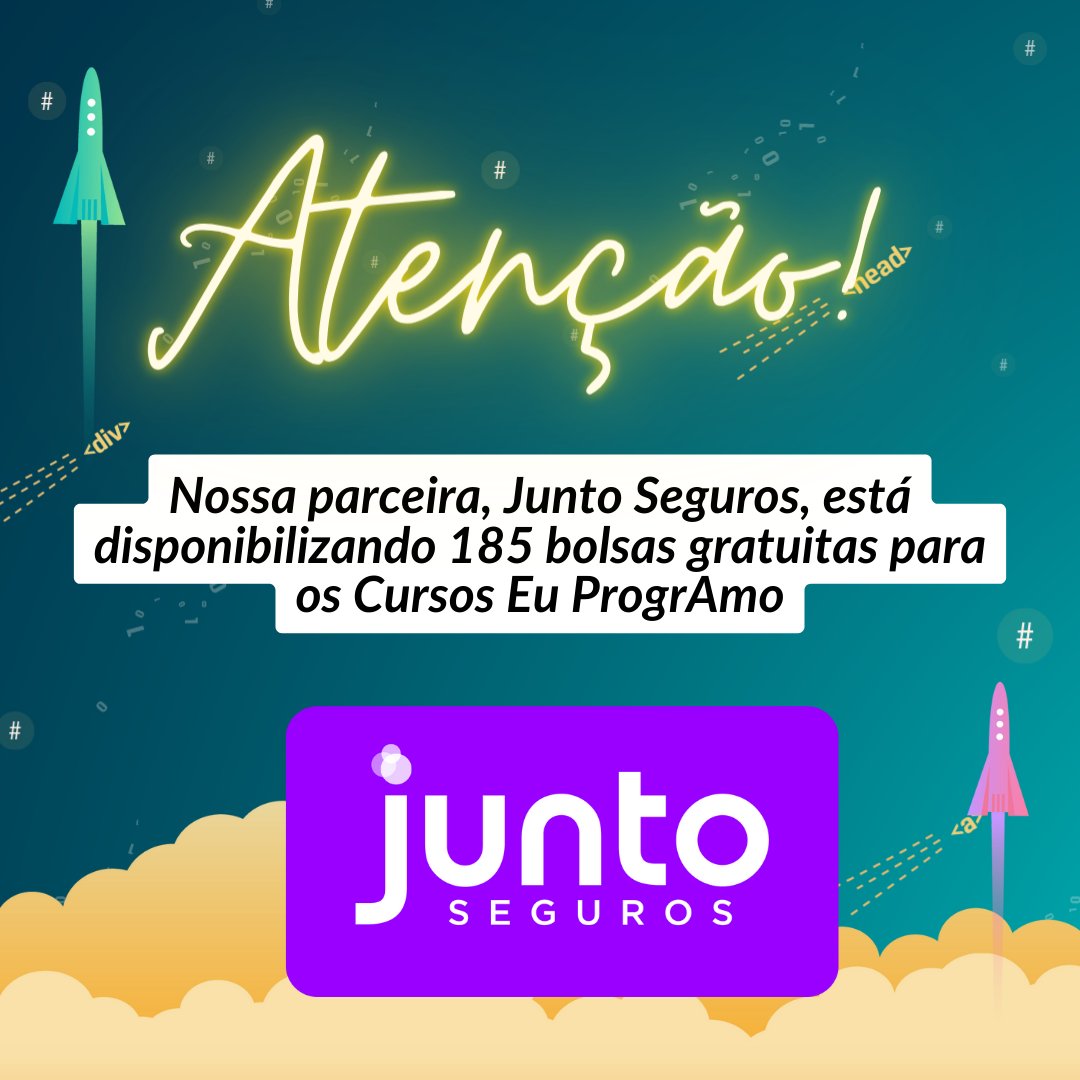 programaria's tweet image. 🚨Ainda dá tempo!🚨 Quer começar sua carreira na tecnologia com os cursos #EuProgrAmo? 

O processo seletivos de bolsas gratuitas está aberto!   Em parceria com a Junto Seguros, estamos disponibilizando 185 bolsas de estudos.  

🔗Acesse o link da bio e faça sua inscrição!