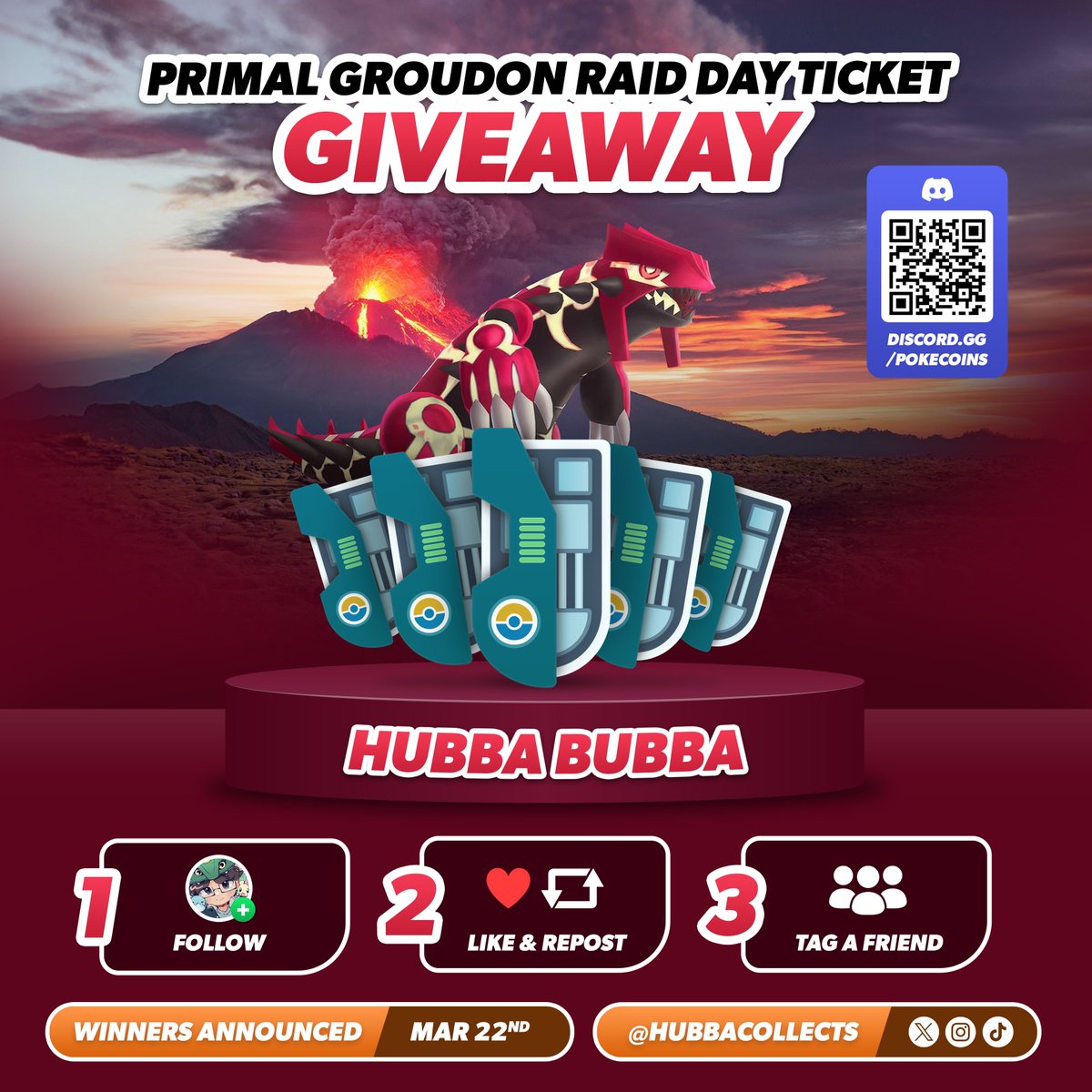 hubbahuey's tweet image. PRIMAL GROUDON RAID TICKET GIVEAWAY 🌋

I'm giving away 5⃣ Groudon Tickets! 🍀

To Enter:
✅Follow @hubbacollects 🐉
✅Like and Retweet! ♥️
✅Tag a Friend! 🧑‍🤝‍🧑

Ends 03/22 ⏰
Join discord.gg/pokecoins for more free giveaways!
#PokemonGO #Giveaway