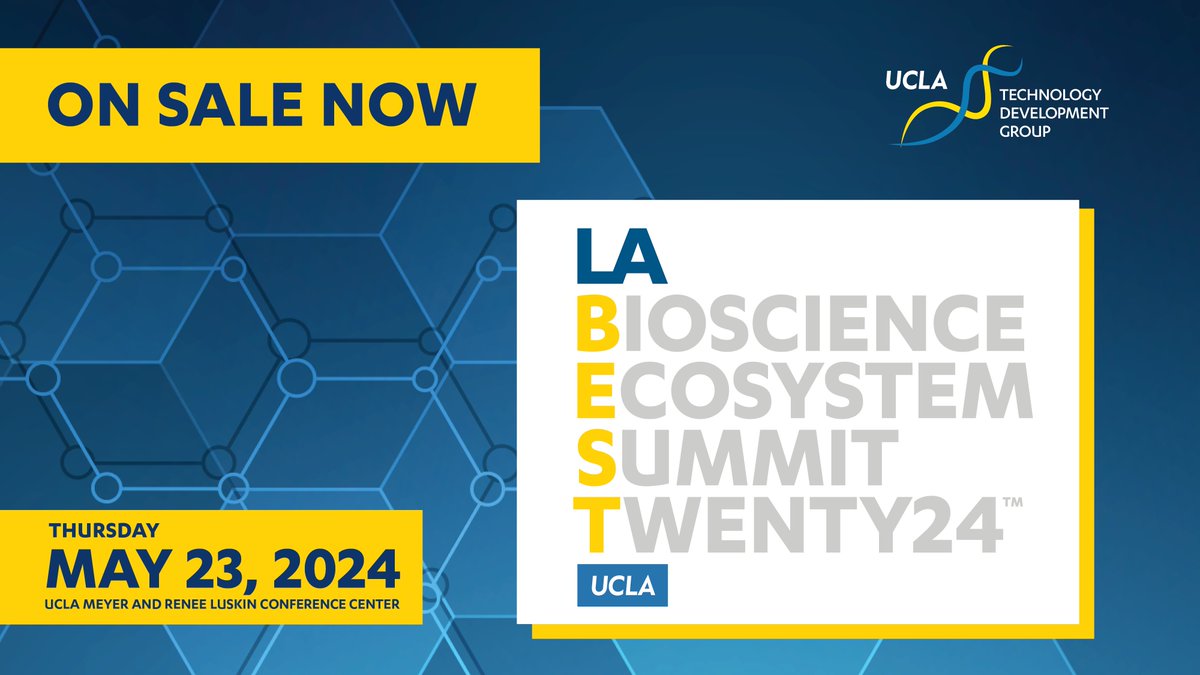 #LABEST2024 is a full day of bioscience activity!
Thur 5/23 7AM - 7PM UCLA Luskin Conference Center Keynote Speakers * Exciting Panels *Research Pavilion*Hot Topic Breakout Sessions* Startup Ecosystem* Non-Dilutive Funding and more Register today! tdg.ucla.edu/news-events/ev…