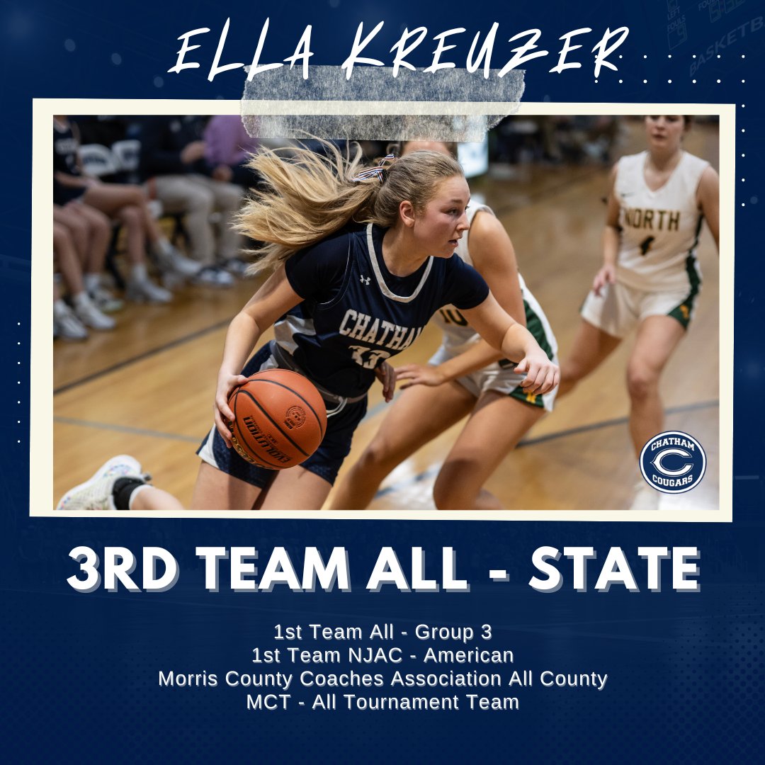 Congrats @EllaKreuzer 3rd Team ALL-STATE! Well deserved honor! The hardest working player I've coached! Proud of you! #BleedBlue @ChathamCougars @Athletics_CHS @chathamnjhoops @tay_coleman12 @trevorwoodruff @Bucknell_WBB @emb_nj @Mai_EMS @TinyGreenNBS @unitedNJaau @CoachJimmy_O