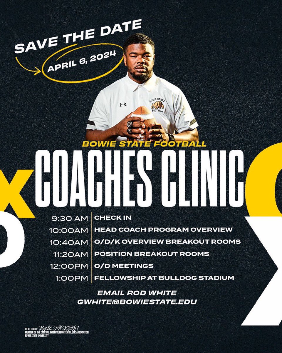@bowiestatefb Mark your calendar’s! April 6th join our coaching staff as we talk X’s and O’s Those interested in this free coaching reach out to Coach Rod ⬇️ Gwhite@bowiestate.edu