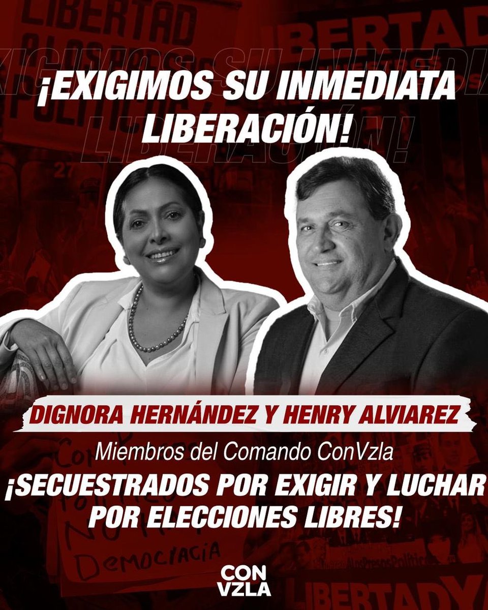 ConVzlaComando's tweet photo. ¡El único delito es luchar por tener unas elecciones limpias y libres! 

Exigimos YA la liberación de los miembros de nuestro Comando @HenryAlviarez y @DignoraHernandz, detenidos de forma arbitraria por el régimen. 

#ConVzla | #HastaElFinal https://t.co/C5F7G3z0pN