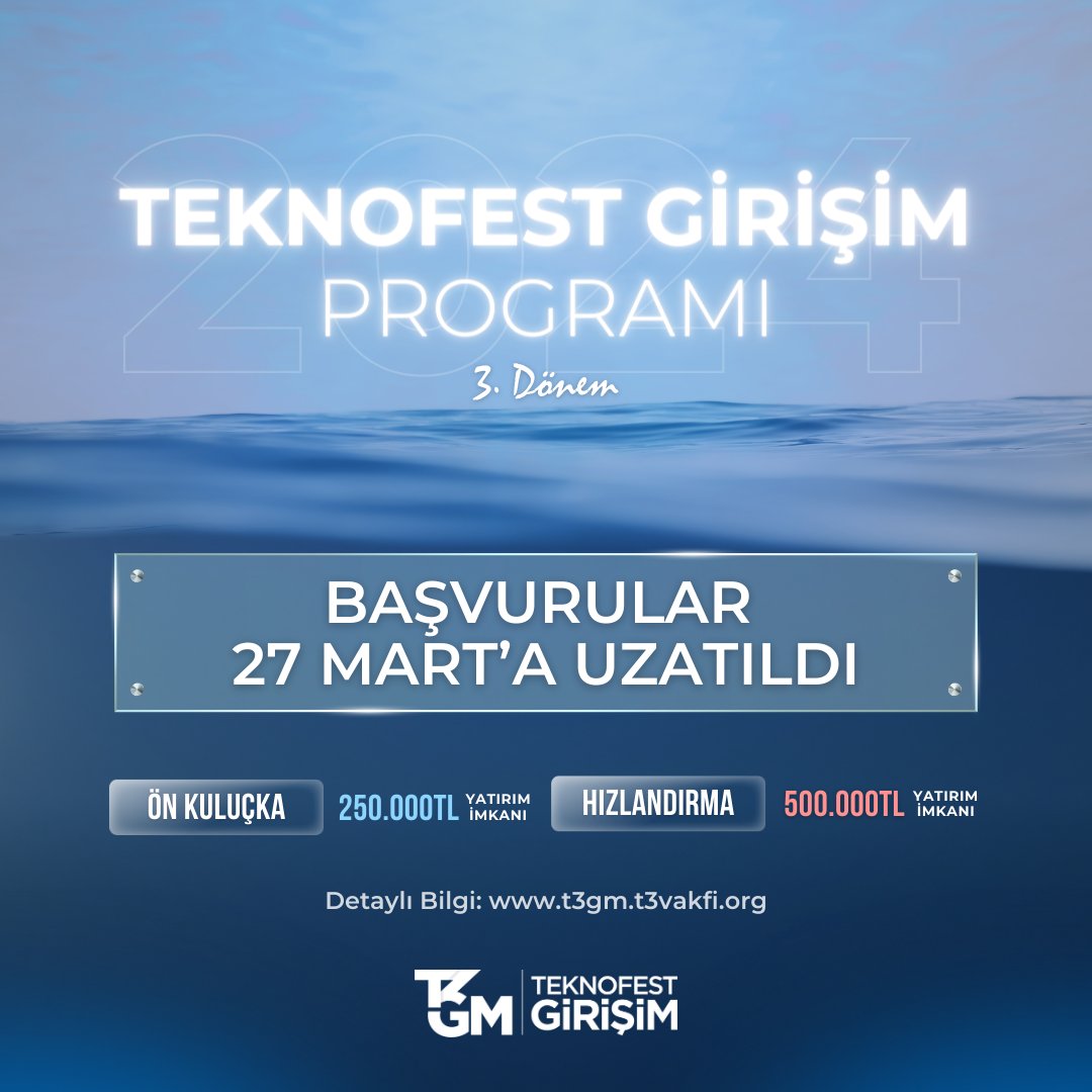 📢 #TEKNOFEST Girişim Programı 3. Dönem Başvuruları 2️⃣7️⃣ Mart’a uzatıldı ❗️ Girişim yolculuğuna #TEKNOFEST ile devam etmek için hemen başvur. 🚀 👉 Başvuru: mth.tc/TEKNOFEST-Giri… #T3GM #T3Vakfı