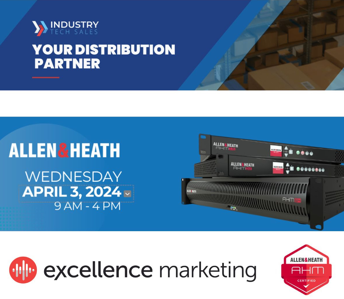 Register now for @allen_heath AHM Certification, hosted by Industry Tech Sales and Excellence Marketing 4.3.24. Two sessions available, 9AM & 1PM. Register here: is.gd/qEfYy5 #ahmcertification #controlprogramming #audioprocessing #avexperts #proav #wepowerperformance