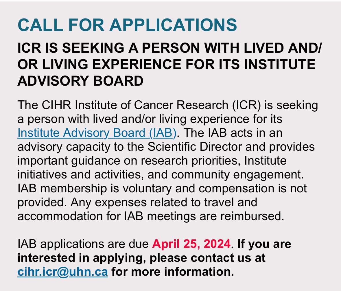 Are you a 🇨🇦 person with lived/living experience with cancer and interested in research? The @CIHR_IRSC Institute of Cancer Research is looking for candidates for its Advisory Board.