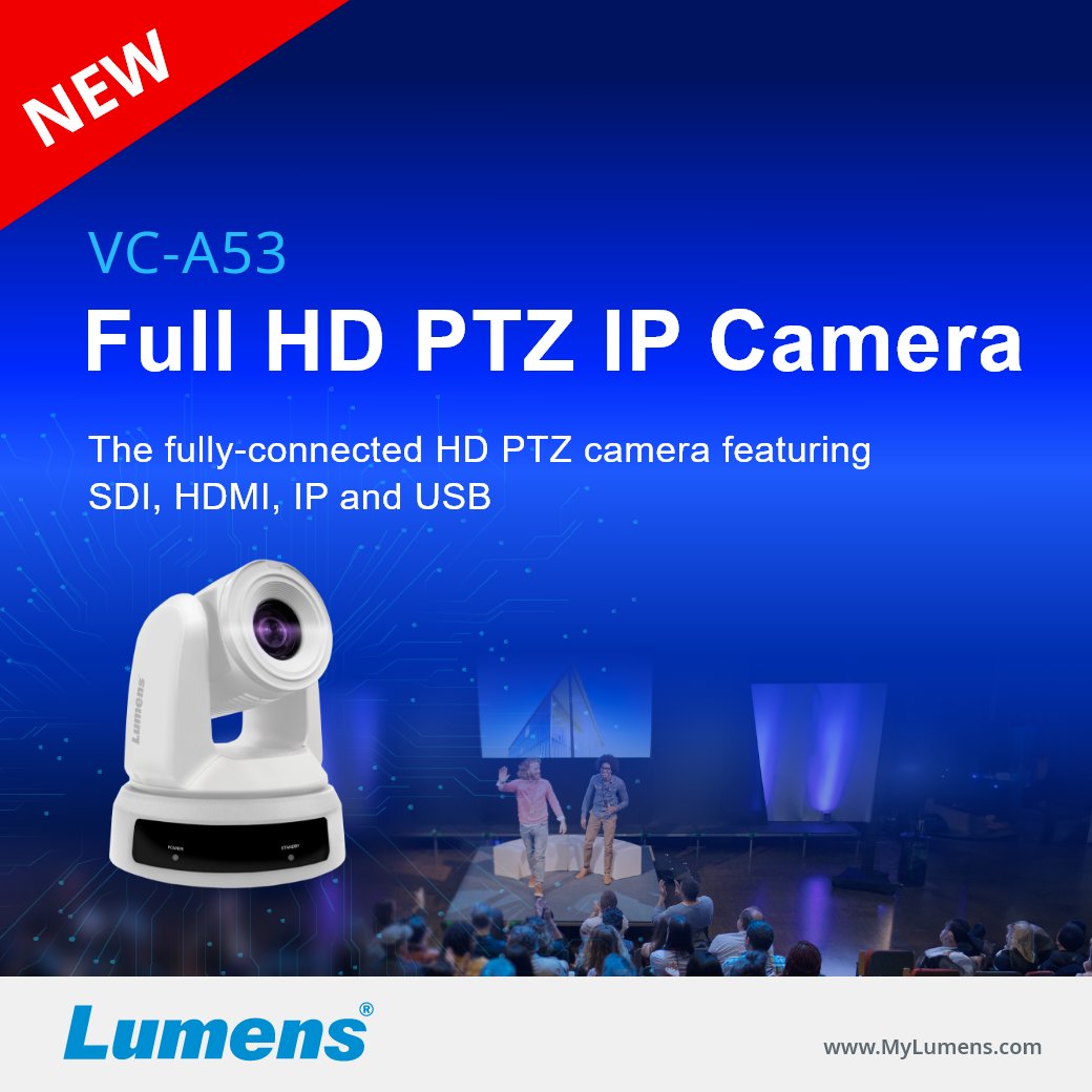 Lumens announces the VC-A53 PTZ HD camera with 20x optical zoom. Features: multiple simultaneous video outputs, multiple power options, high speed robotics, multiple streaming, control options, and FreeD tracking protocol for virtual production. Info: mylumens.com/en/Products_de…