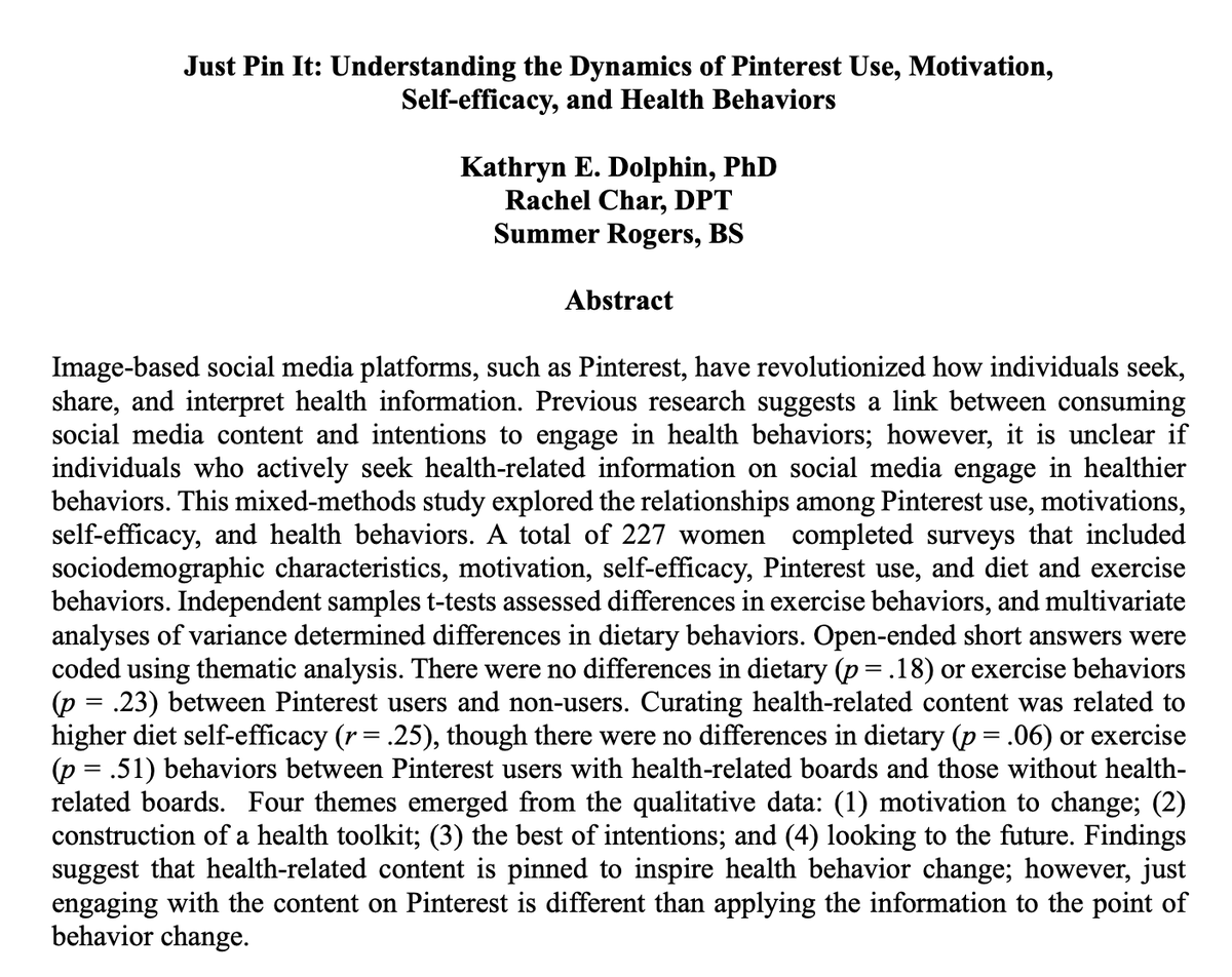 🚨NEW ARTICLE ALERT🚨 Out now, #openaccess research in HBR from Katie Dolphin and colleagues explores relationships between Pinterest use and health behaviors. Read today! loom.ly/de7cwTM