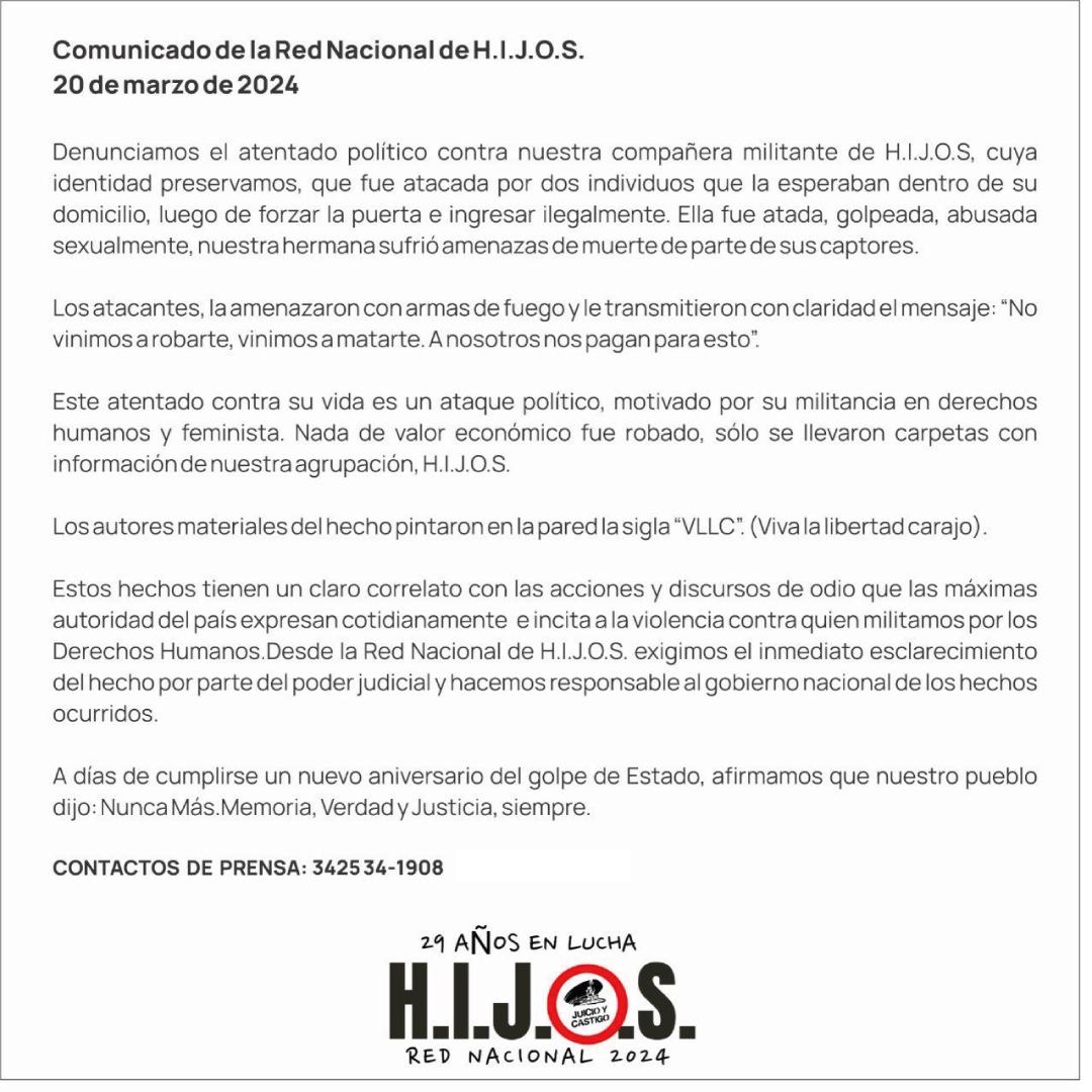 GeneroCTA's tweet image. Repudiamos el gravísimo atentado contra una integrante de la agrupación HIJOS, y abrazamos con amor a la compañera. 

Basta de perseguir a las organizaciones populares, 
Basta de represión,
Basta de discursos presidenciales de odio e intolerancia. 

El #24DeMarzo todes a la Plaza