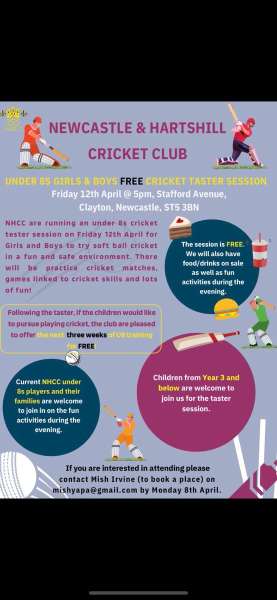 FREE Under 8s Cricket Taster Sessions in April! 🏏 Do you have a child under 8 who’d like to try cricket? Bring them along on Friday 12th April for a free taster session at NHCC. If they like it, then they can attend training for the next 3 weeks for FREE!